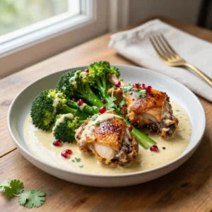Step by step creamy middle eastern baked chicken thighs broccoli meal prep easy dinner