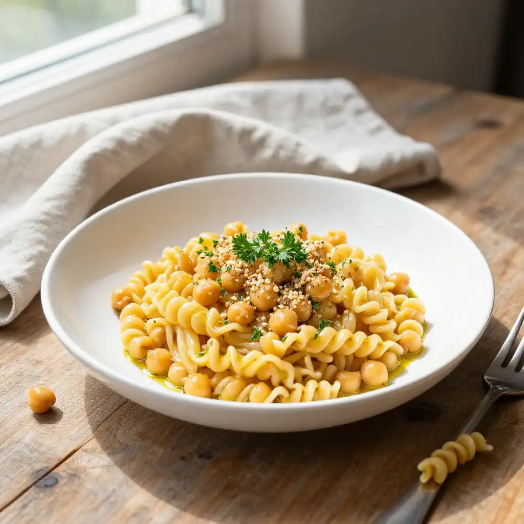 Creamy Dairy-Free Chickpea Pasta with Sun-Dried Tomatoes and Spinach plated dish