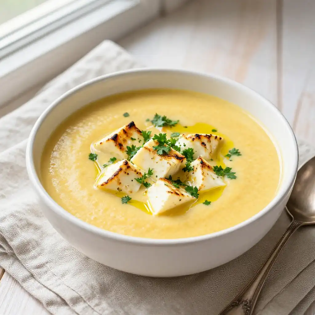 Easy Homemade Halloumi Soup plated dish