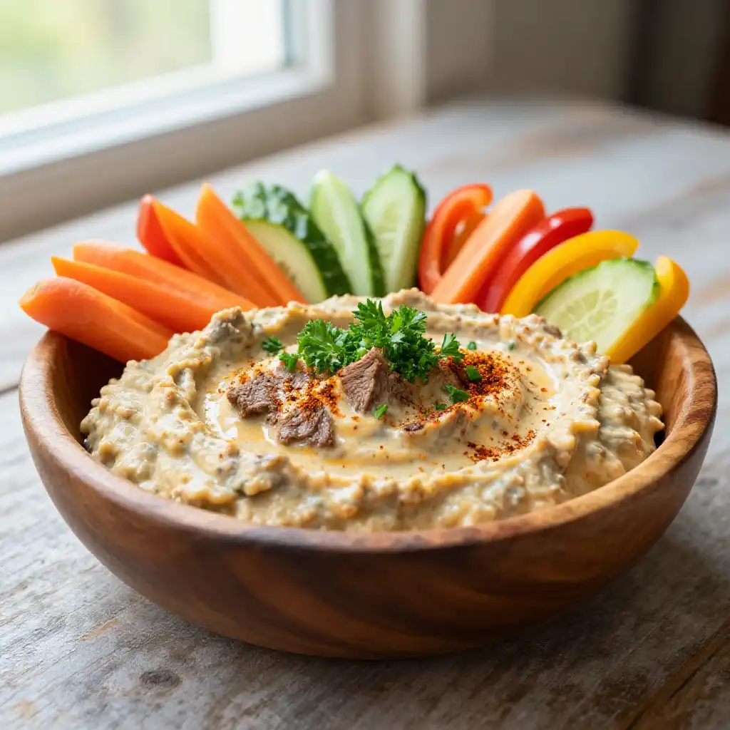 Easy Homemade Whole30 Smoked Beef Dip plated dish