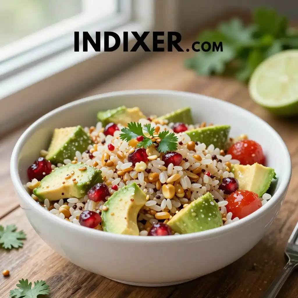 Ensalada Fresca de Quinoa con Aguacate y Maíz plato terminado
