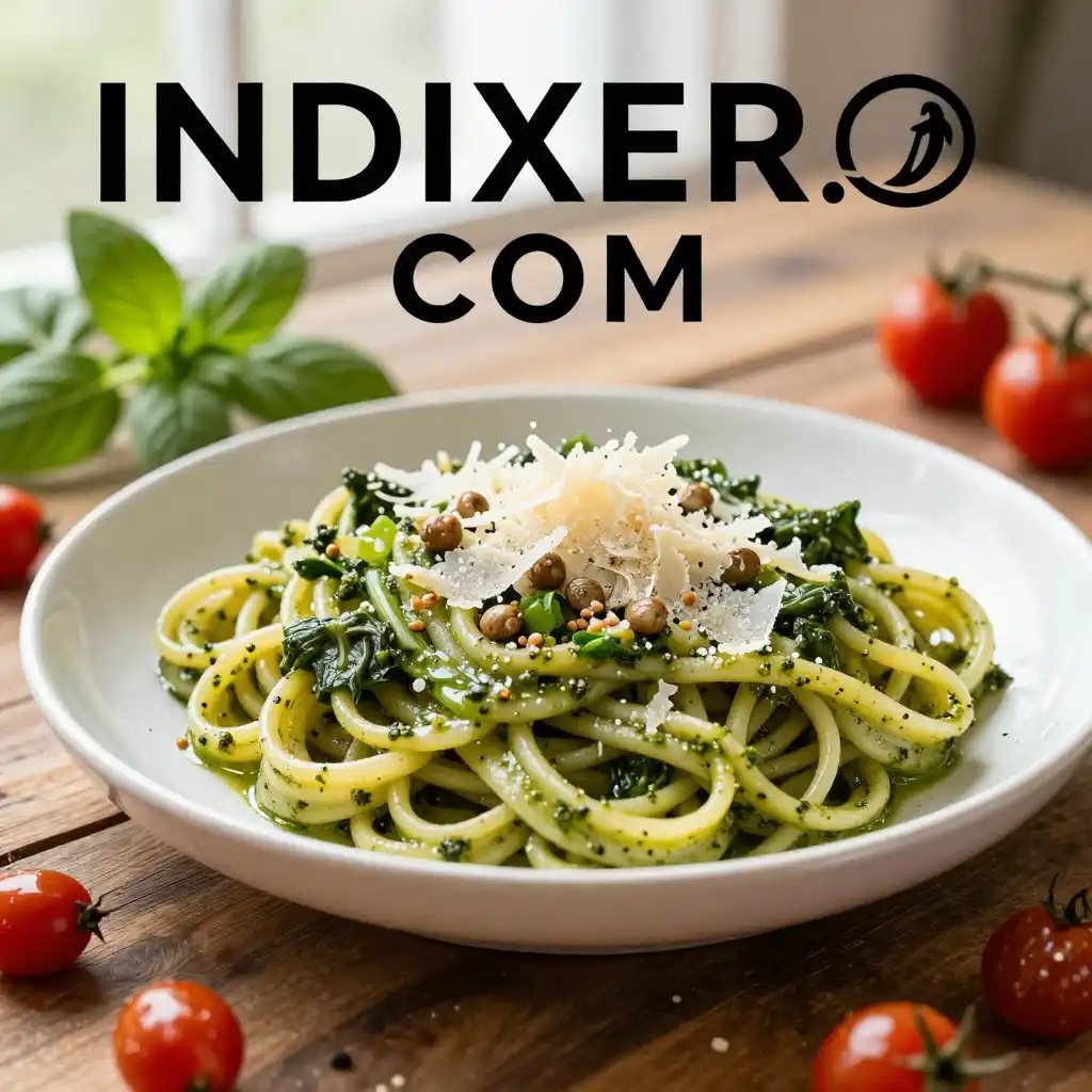 Espaguetis con Pesto de Espinacas y Piñones plato terminado