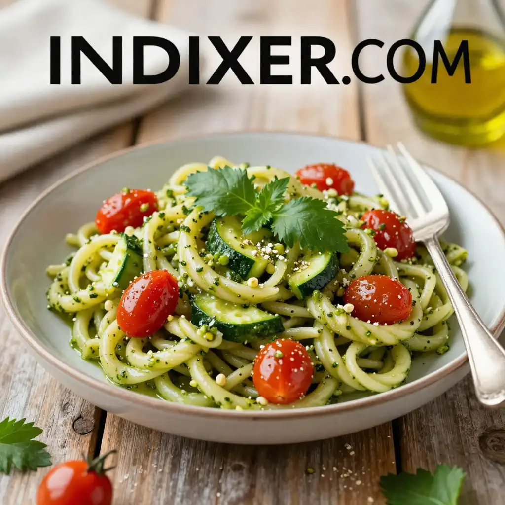 Espaguetis de Calabacín con Pesto Casero y Tomates Cherry terminado en un plato blanco, espolvoreado con piñones tostados y hojas de albahaca