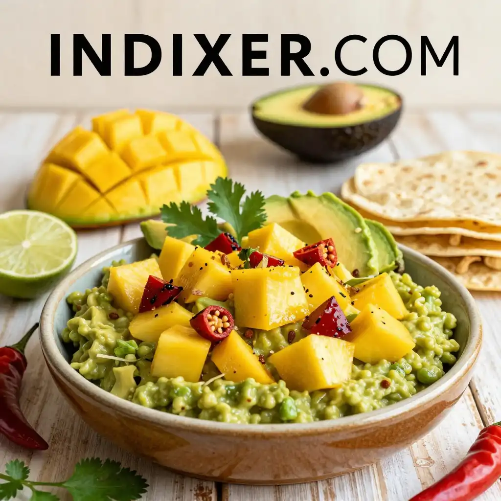 Guacamole Tropical de Mango y Piña servido en un molcajete, con totopos al lado