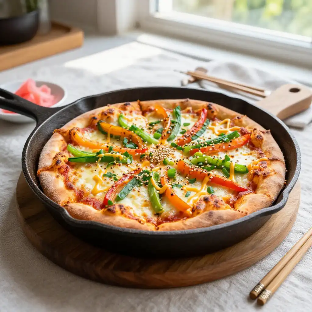 Cast Iron Okonomiyaki (Japanese Savory Pancake Pizza) plated dish