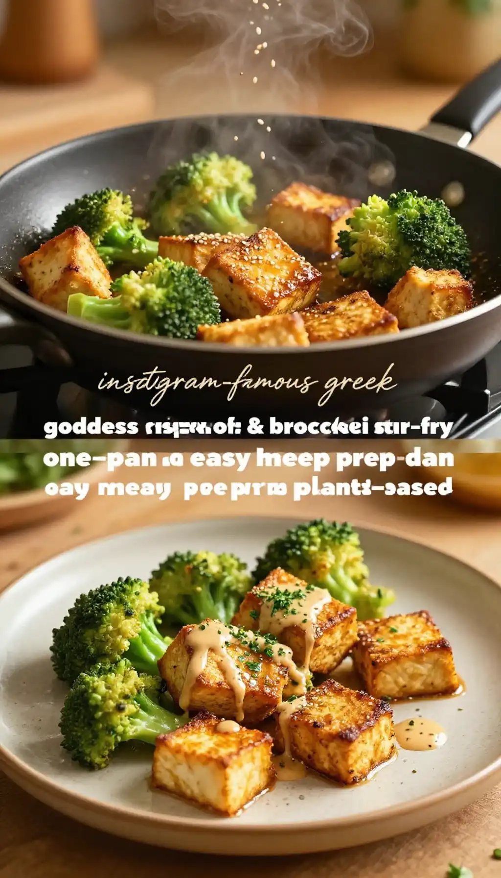 instagram-famous greek goddess crispy tofu & broccoli stir-fry one-pan easy meal prep plant-based