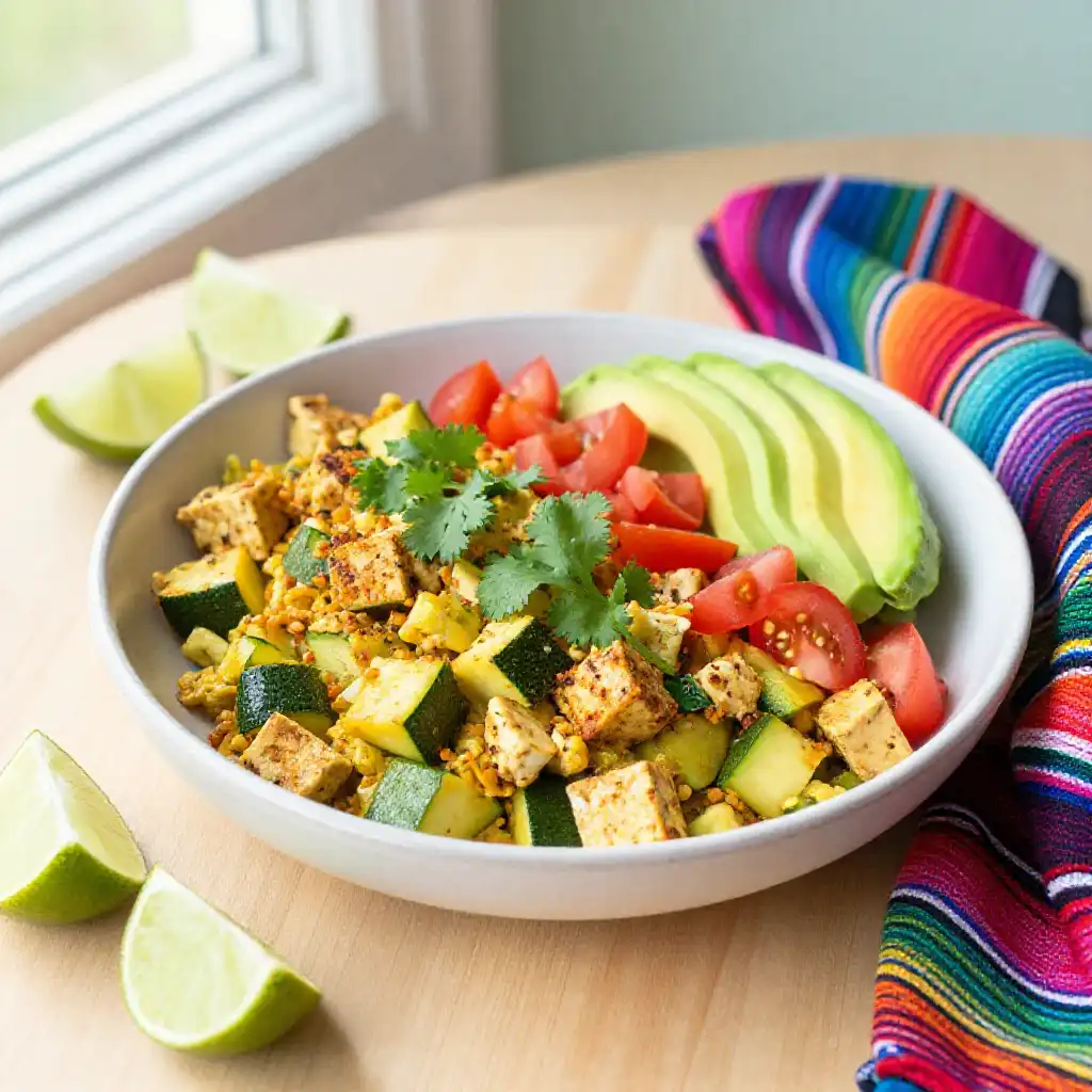 Instagram-Famous Healthy Mexican-Style Tofu Zucchini Scramble plated dish