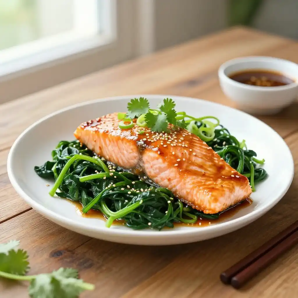 Instagram-Famous Healthy Slow Cooker Asian Fusion Salmon & Spinach Meal Prep plated dish