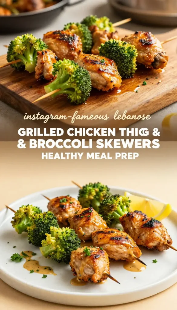 instagram-famous lebanese grilled chicken thigh & broccoli skewers easy weeknight dinner healthy meal prep