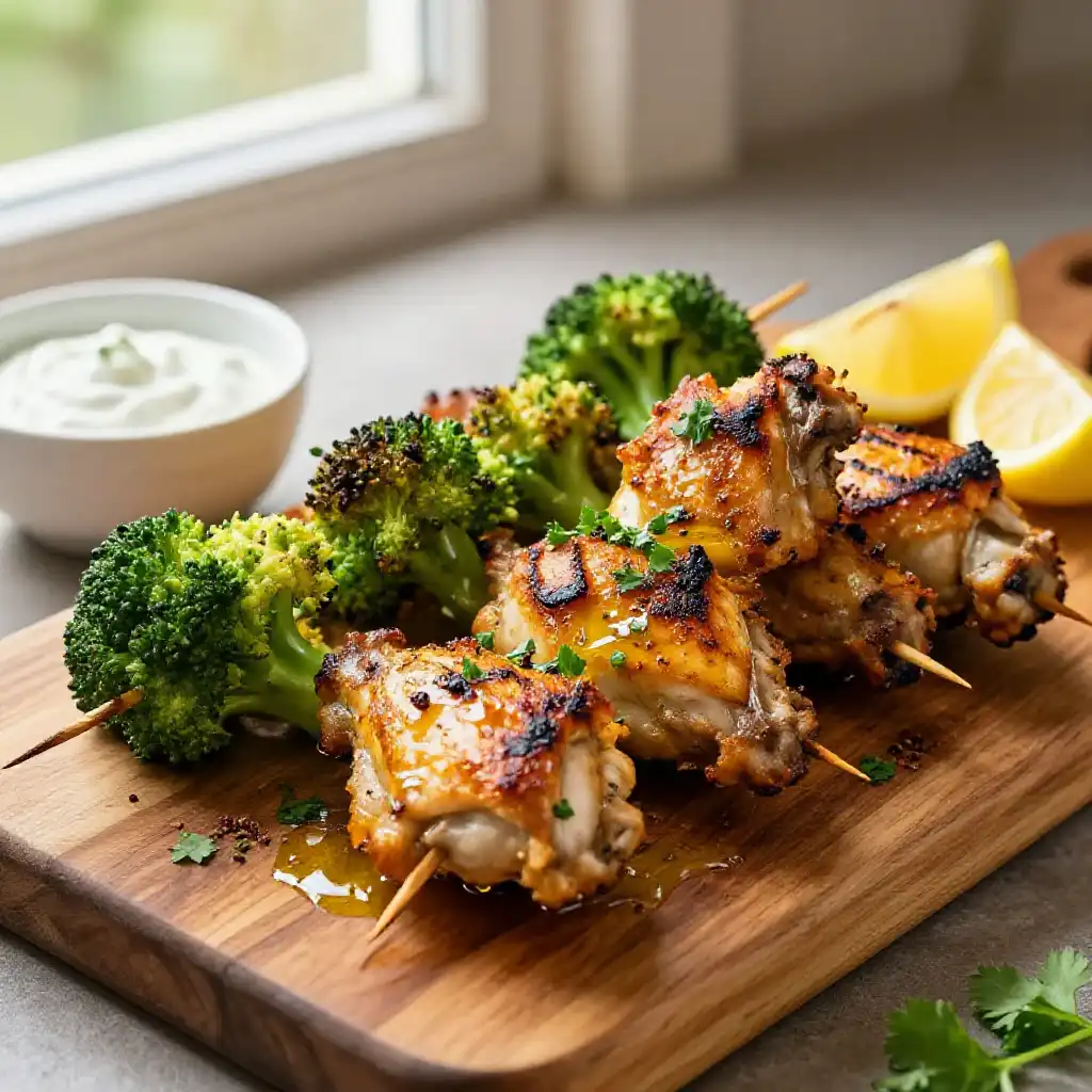 Instagram-Famous Lebanese Grilled Chicken Thigh & Broccoli Skewers plated dish