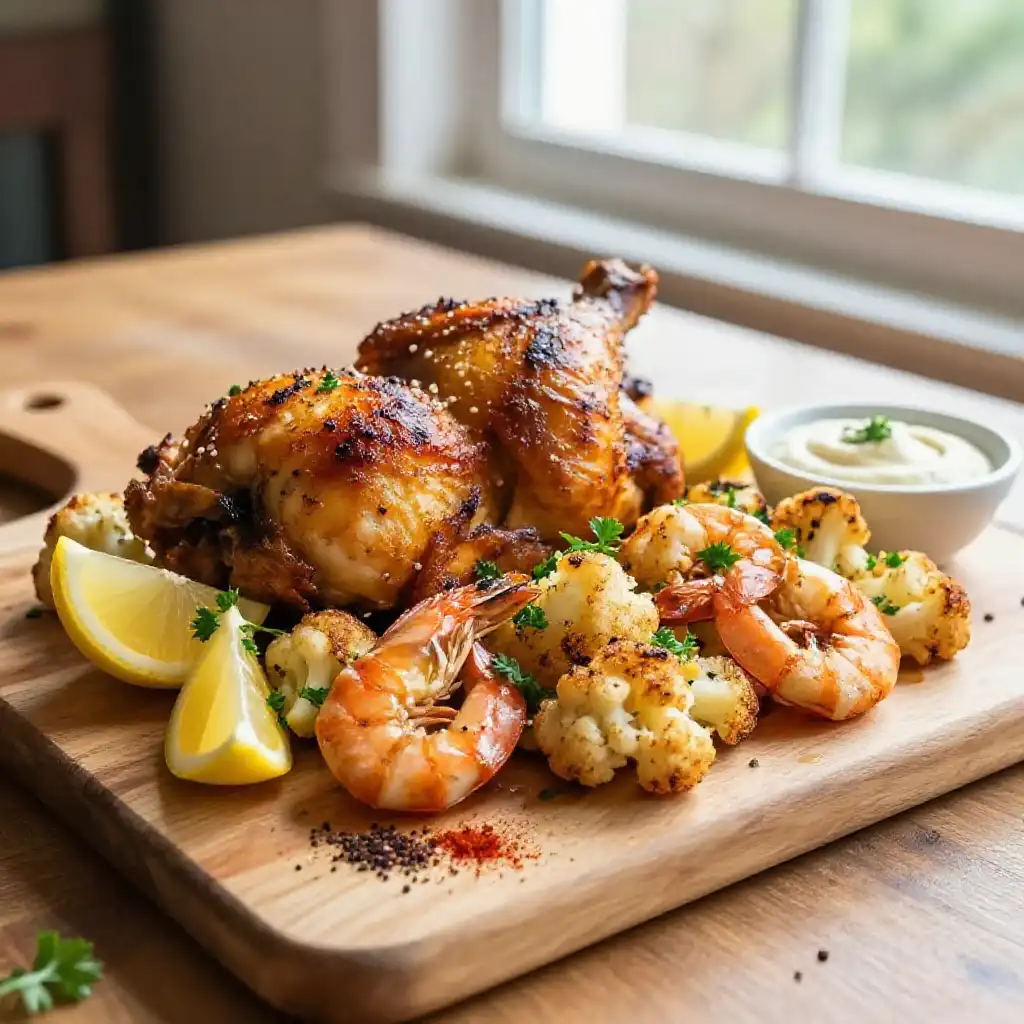 Instagram-Famous Lebanese Roasted Chicken & Shrimp with Crispy Cauliflower Sheet Pan Meal plated dish