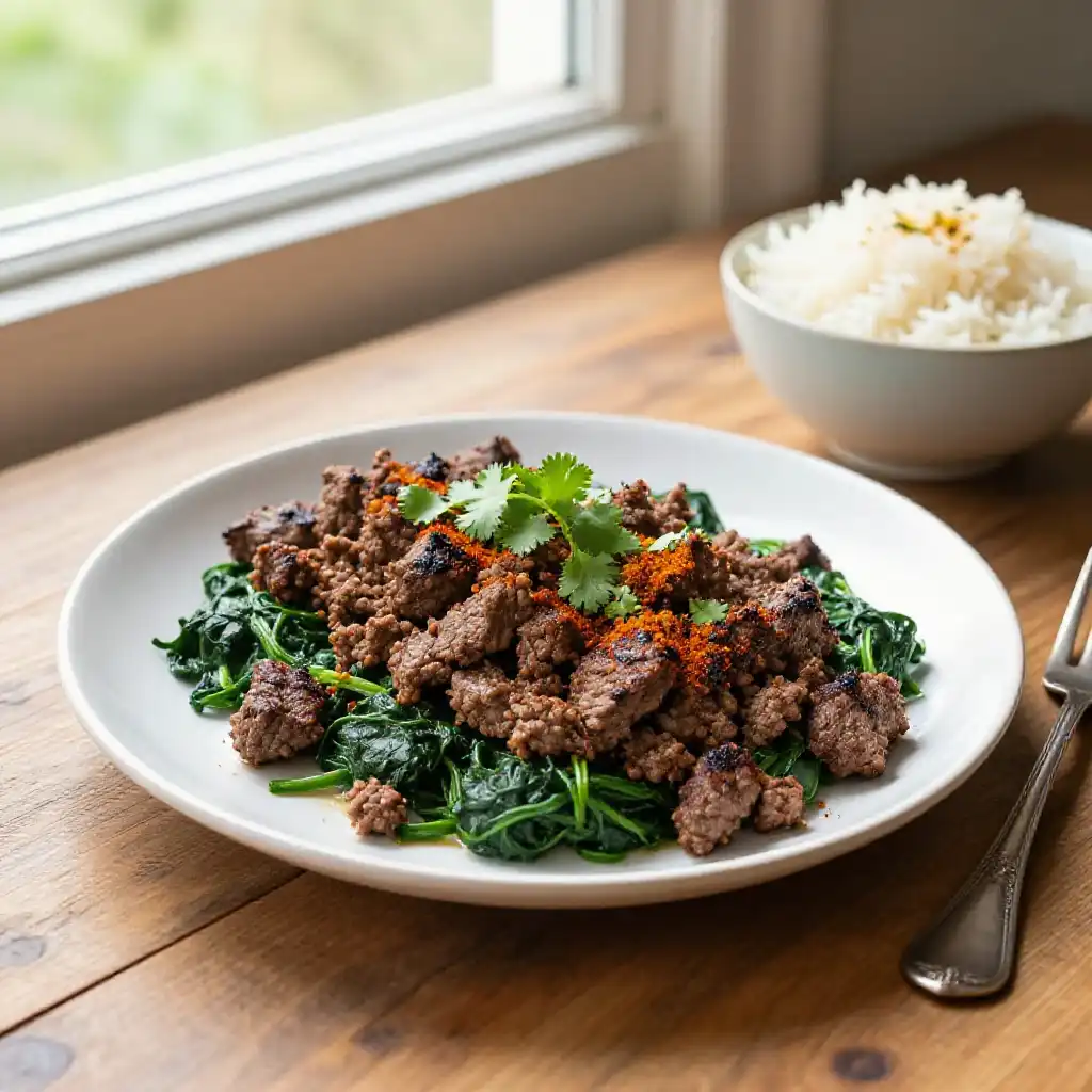 Instagram-Famous Smoked Indian-Spiced Ground Beef & Spinach plated dish