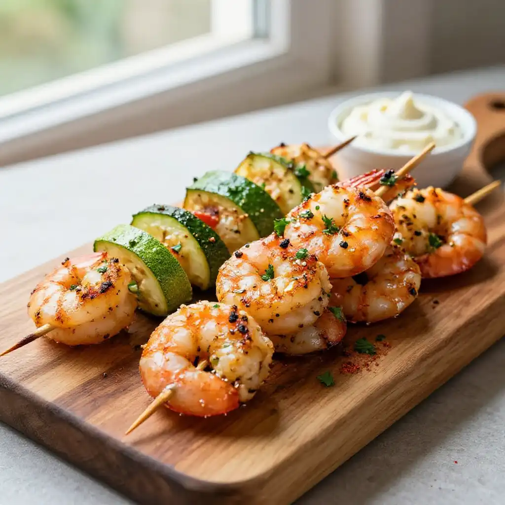 Instagram-Famous Spanish Garlic Shrimp & Zucchini Roasted Skewers plated dish