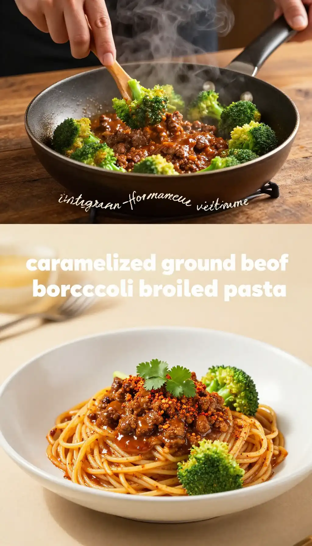 instagram-famous vietnamese caramelized ground beef broccoli broiled pasta