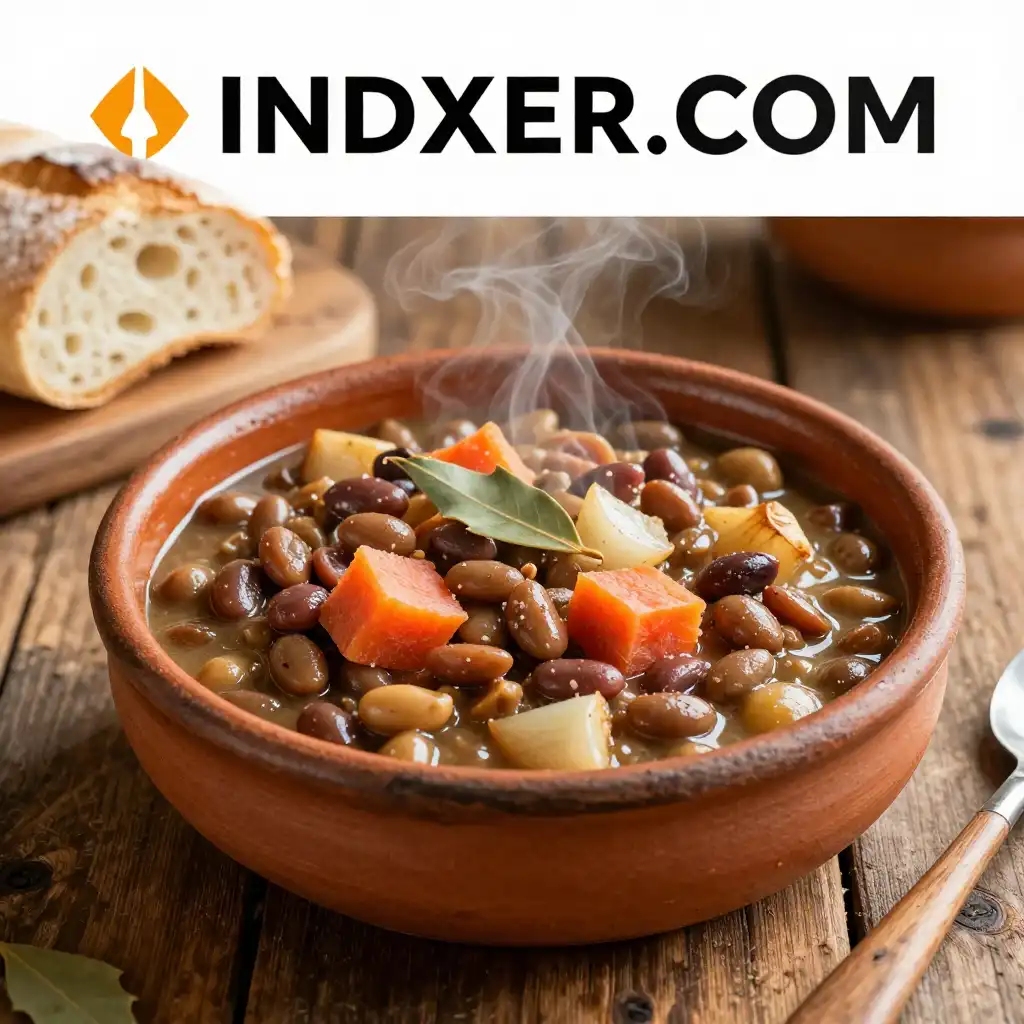 Cazuela de lentejas humeante con zanahorias y patatas en un plato de barro, decorado con perejil fresco picado.