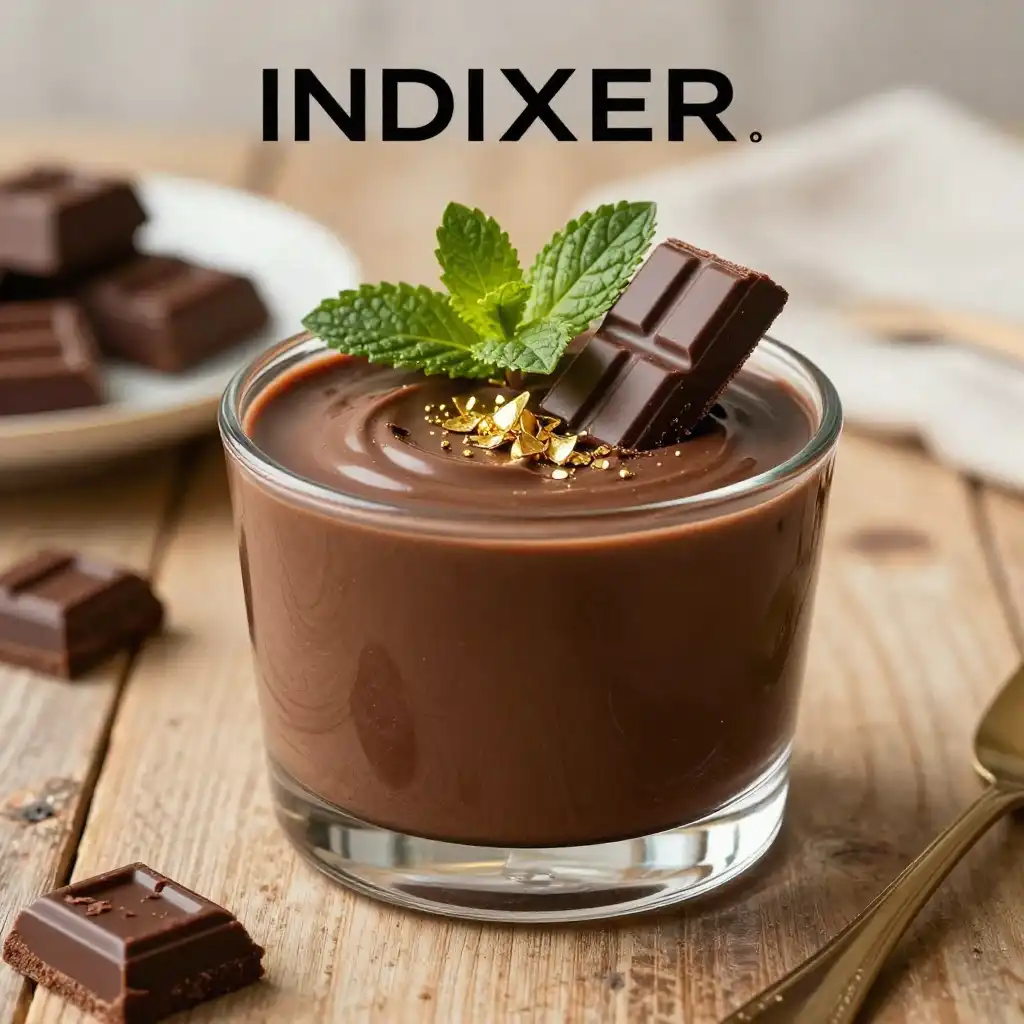 Mousse de Chocolate Oscuro en copa de cristal, con una guarnición de frambuesas y una ramita de menta