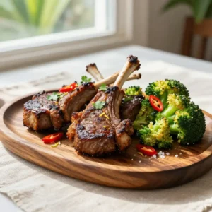 Step by step pan-fried caribbean jerk lamb chops with crispy broccoli easy weeknight dinner better than takeout meal prep