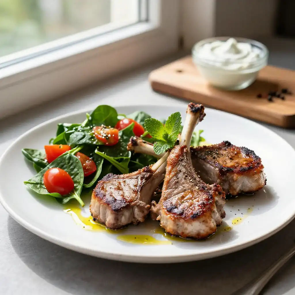 Pan-Fried Turkish Lamb Chops with Spinach (Healthy Weeknight Dinner) plated dish
