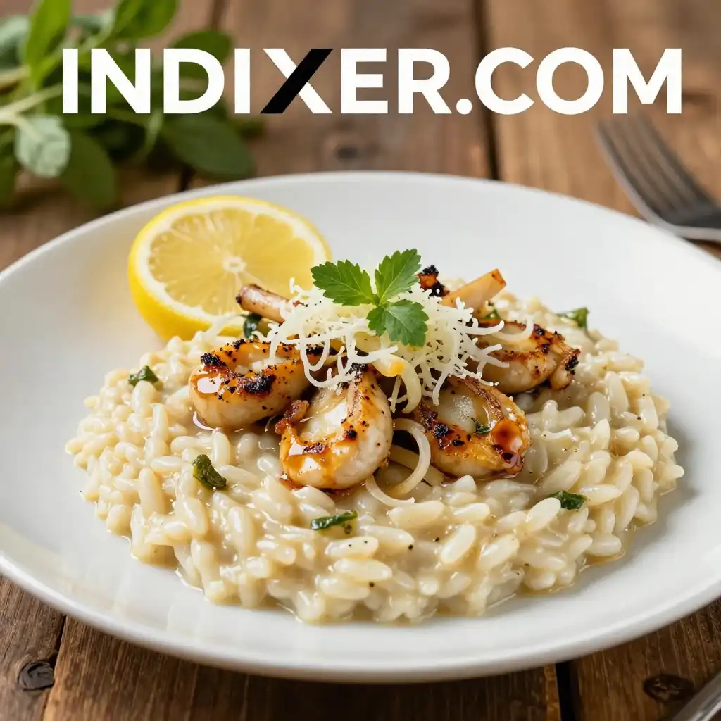 Risotto cremoso de gambas y calabacín plato terminado