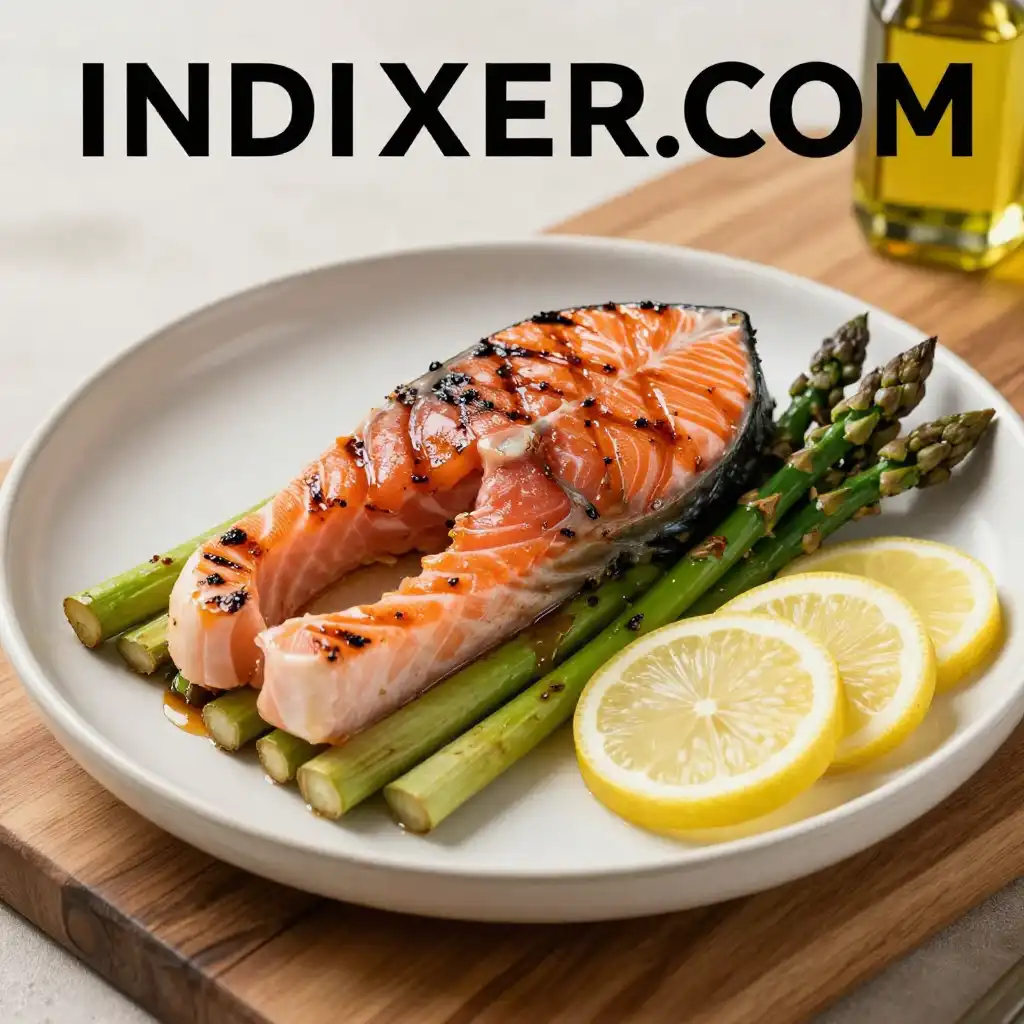 Salmón a la parrilla con espárragos y limón plato terminado