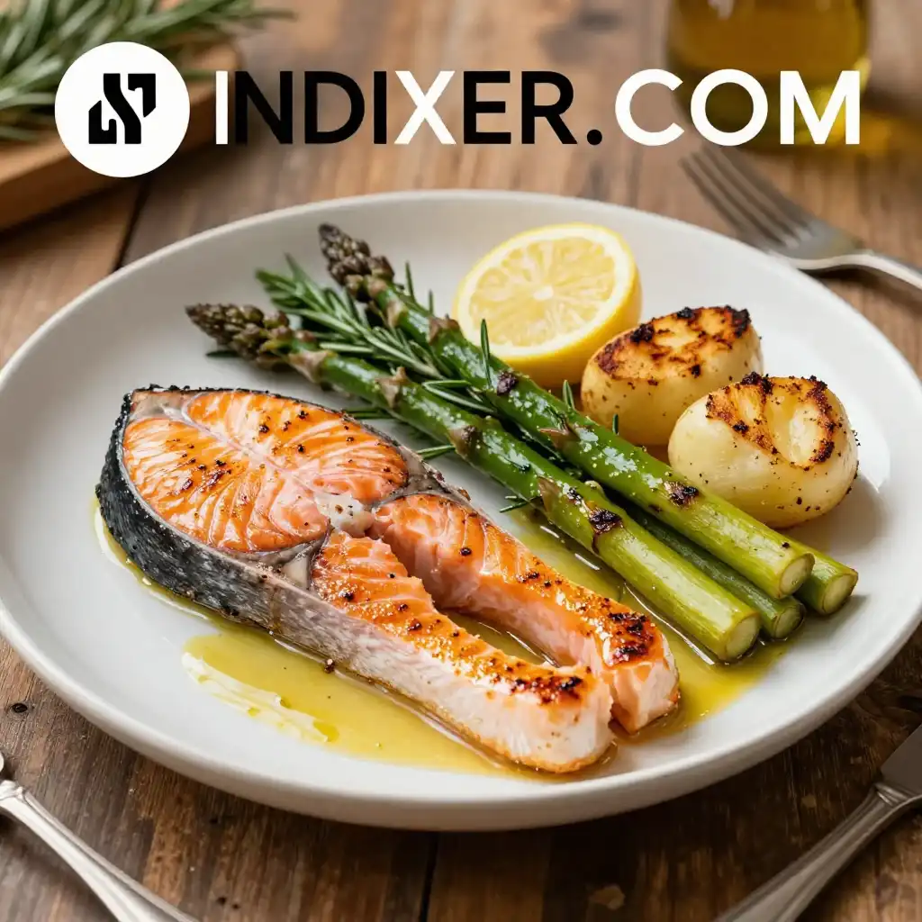 Salmón al Horno con Espárragos y Patatas plato terminado