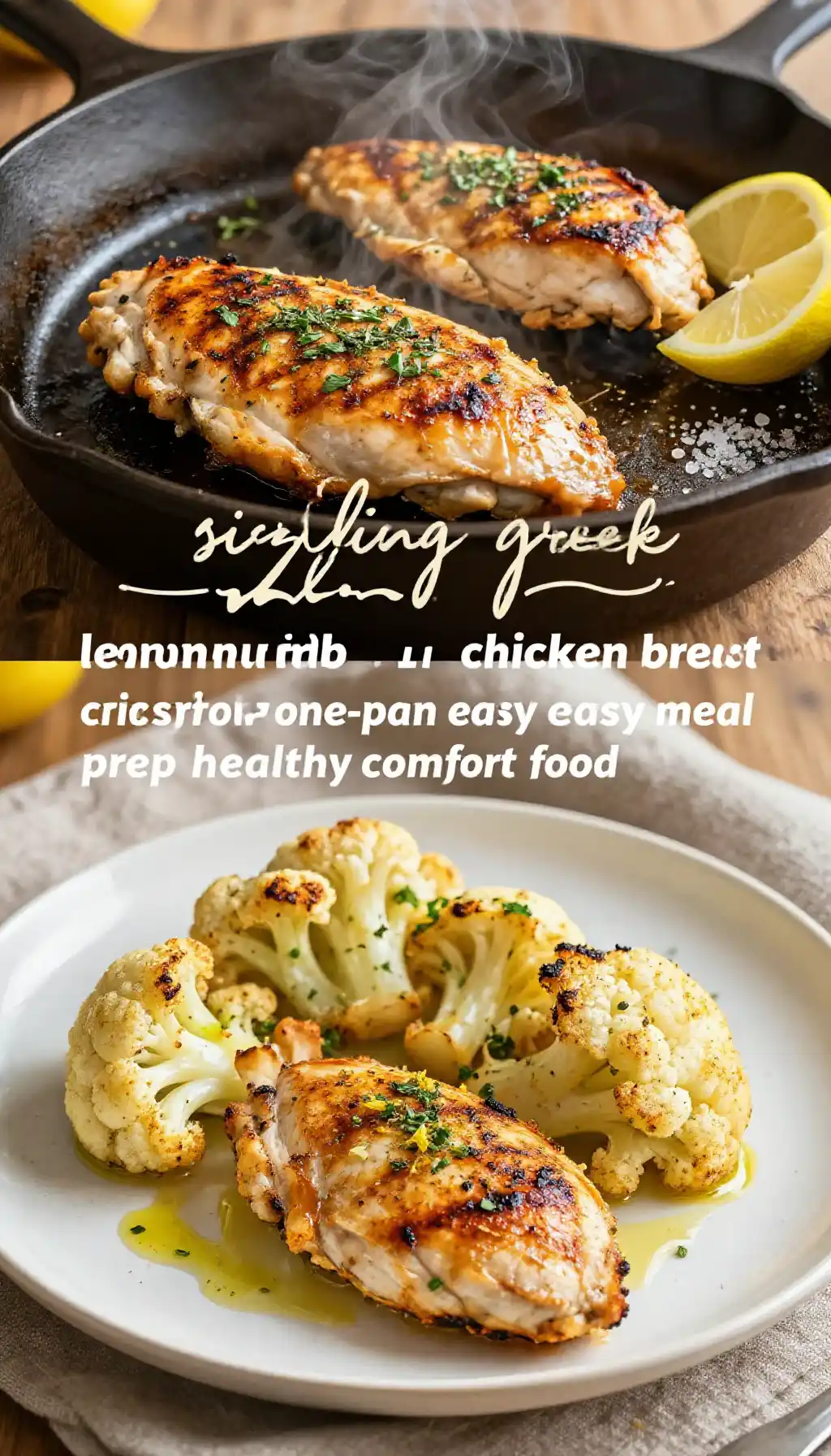 sizzling greek lemon herb grilled chicken breast crispy cauliflower one-pan easy meal prep healthy comfort food