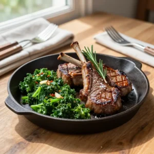 Step by step sizzling instagram-famous japanese cast iron lamb chops & umami kale skillet easy weeknight dinner meal prep one-pan