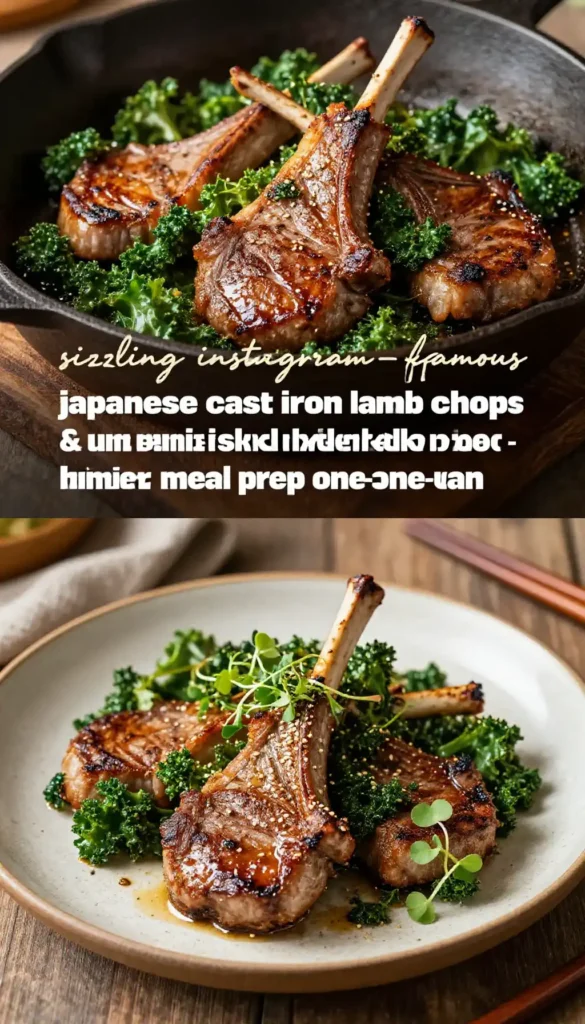 sizzling instagram-famous japanese cast iron lamb chops & umami kale skillet easy weeknight dinner meal prep one-pan