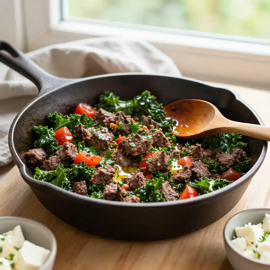 Sizzling Instagram-Famous Mediterranean Ground Beef & Kale Skillet plated dish