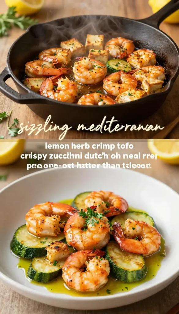sizzling mediterranean lemon herb shrimp tofu crispy zucchini dutch oven meal prep one-pot better than takeout