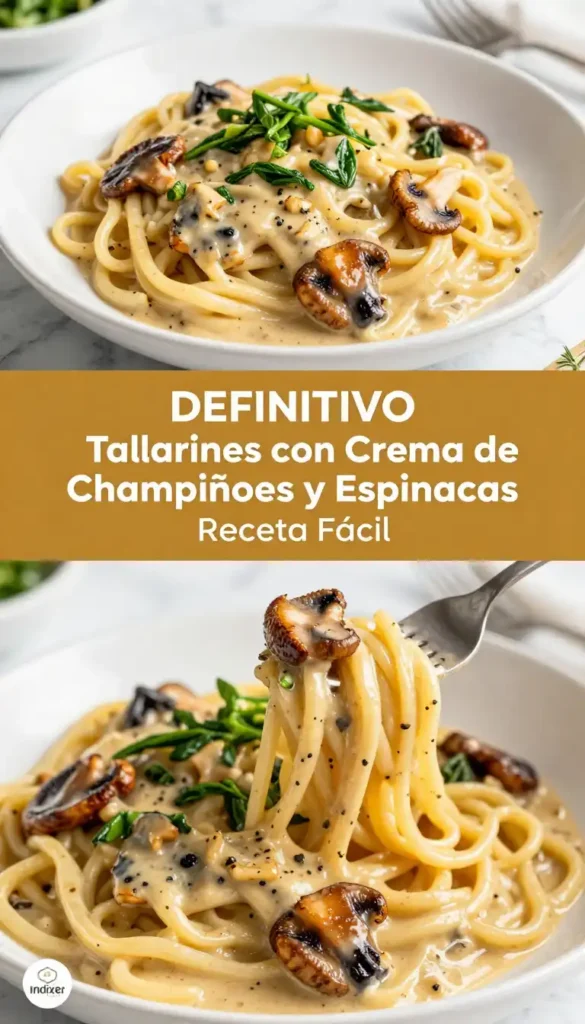Tallarines con Crema de Champiñones y Espinacas - Pasta - Indixer