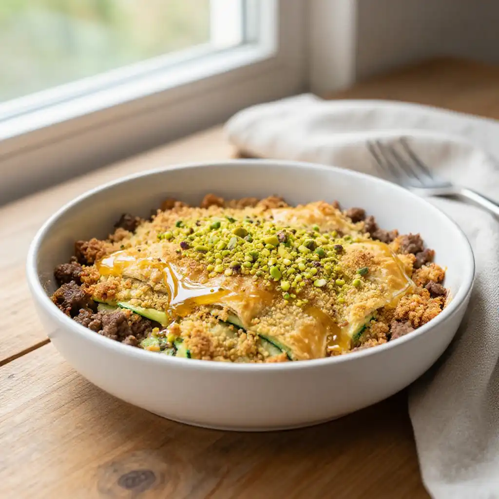 Viral TikTok Baklava Ground Beef Zucchini Crumble plated dish