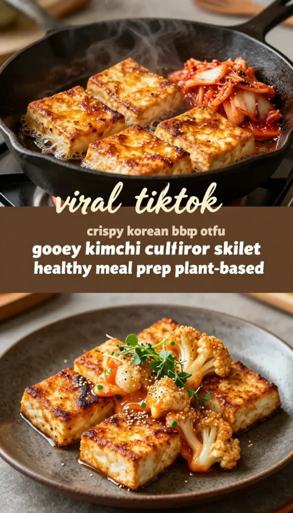 viral tiktok crispy korean bbq tofu gooey kimchi cauliflower cast iron skillet healthy meal prep plant-based