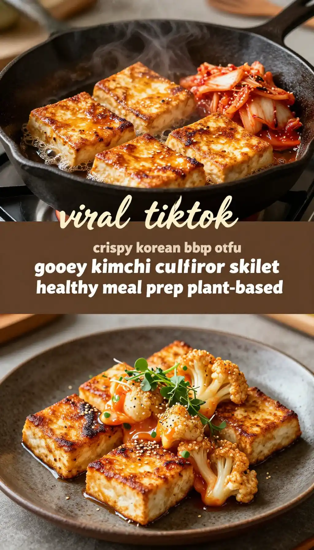 viral tiktok crispy korean bbq tofu gooey kimchi cauliflower cast iron skillet healthy meal prep plant-based