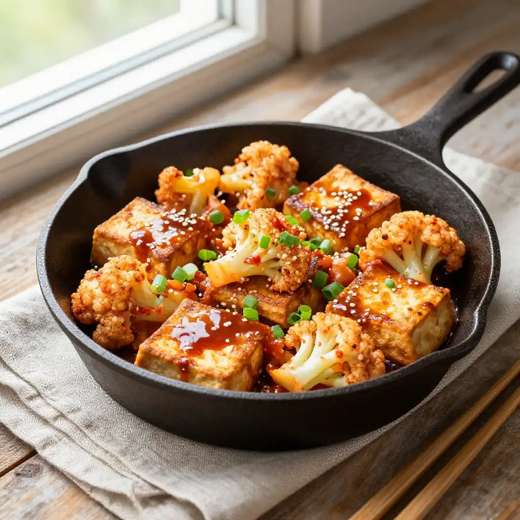 Viral TikTok Crispy Korean BBQ Tofu with Gooey Kimchi Cauliflower plated dish