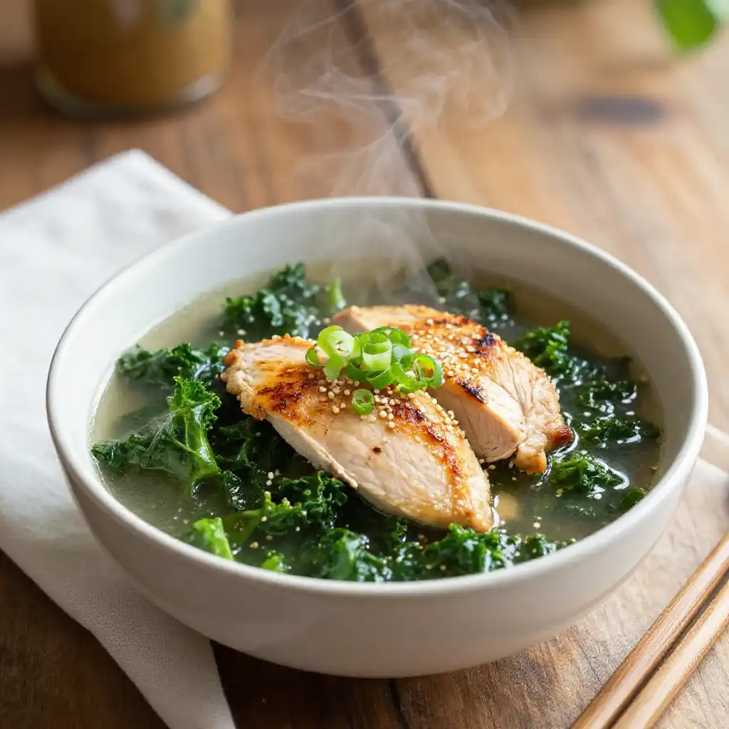 Viral TikTok Grilled Japanese Chicken Breast and Kale Soup plated dish