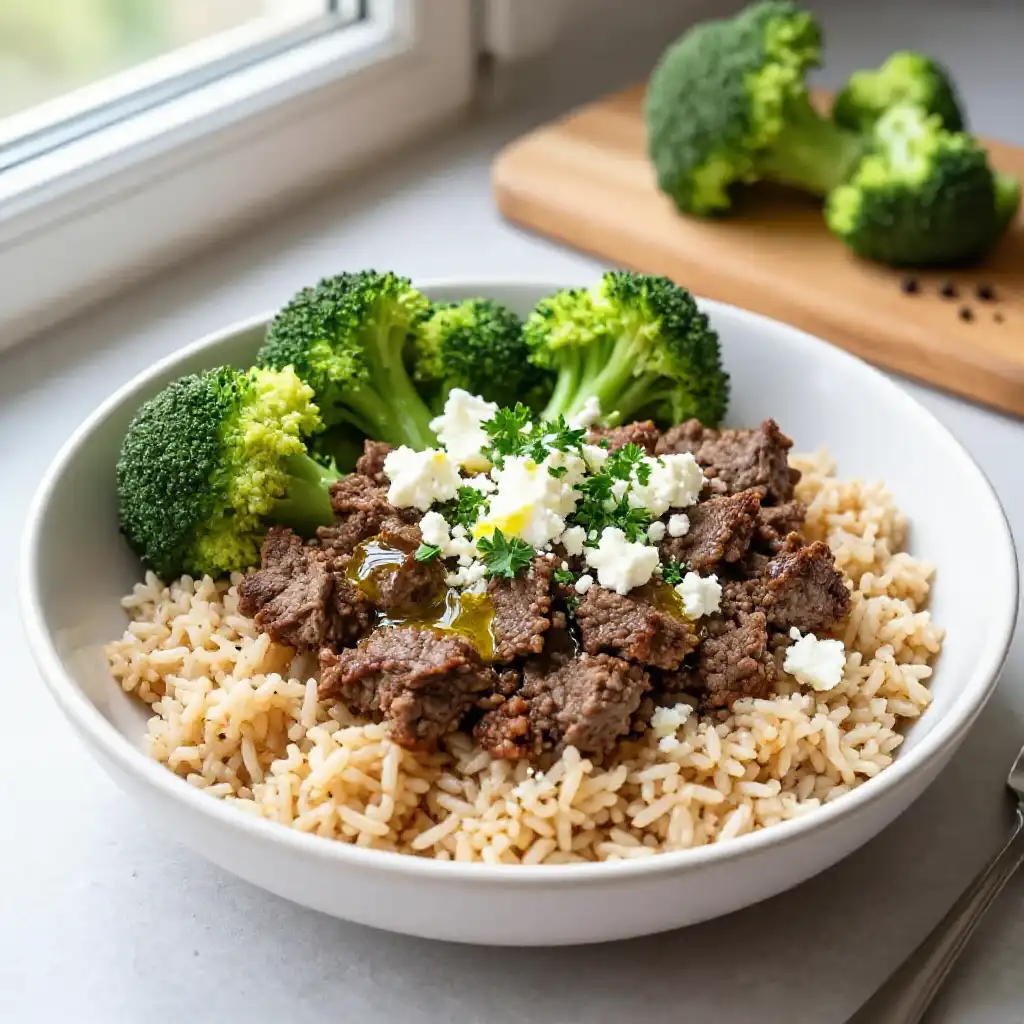 Viral TikTok Healthy Turkish Baked Ground Beef & Broccoli Power Bowl plated dish