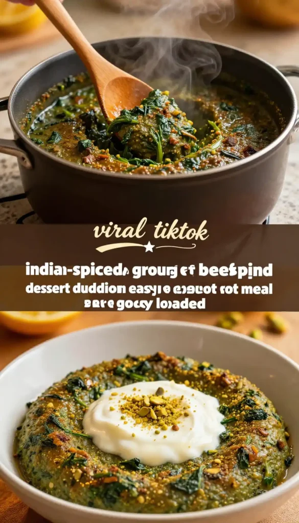 viral tiktok indian-spiced ground beef and spinach dessert pudding easy one-pot meal prep gooey loaded