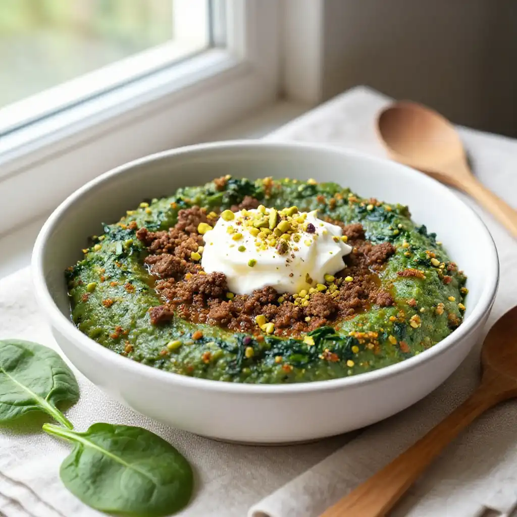 Viral TikTok Indian-Spiced Ground Beef and Spinach Pudding plated dish