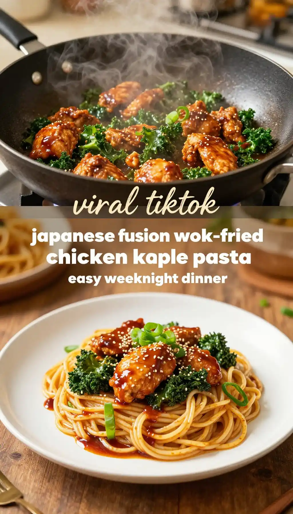 Viral TikTok Japanese Fusion Wok-Fried Chicken Kale Pasta pinterest pin