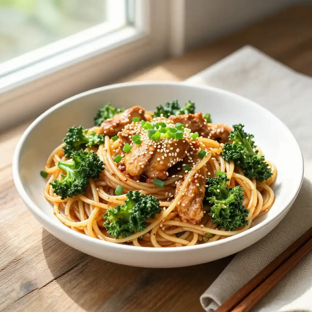 Viral TikTok Japanese Fusion Wok-Fried Chicken Kale Pasta plated dish