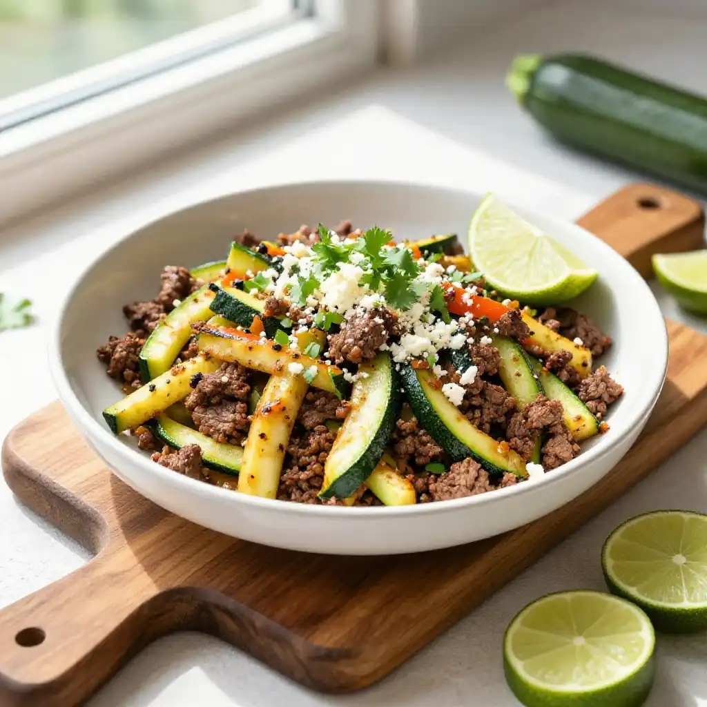 Viral TikTok Mexican-Style Wok-Fried Ground Beef & Zucchini Dinner plated dish