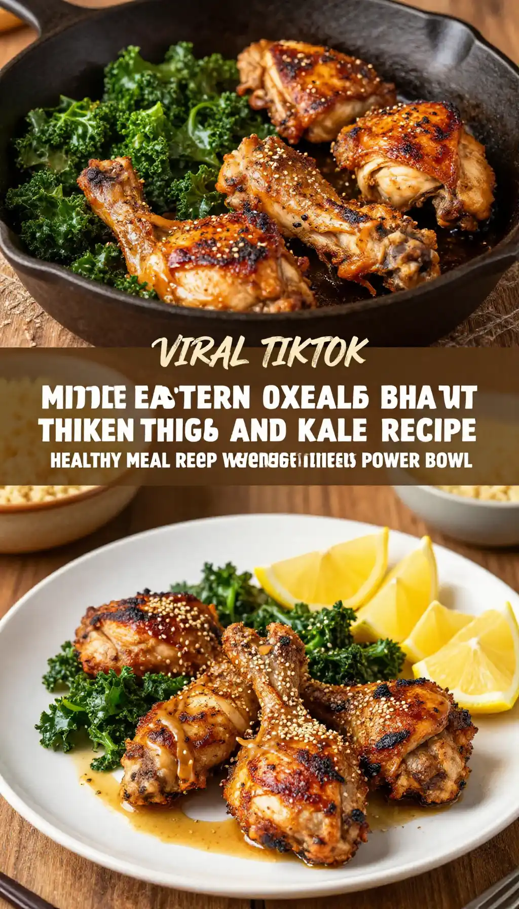 Viral TikTok Middle Eastern Sheet Pan Chicken Thigh and Kale Power Bowl pinterest pin