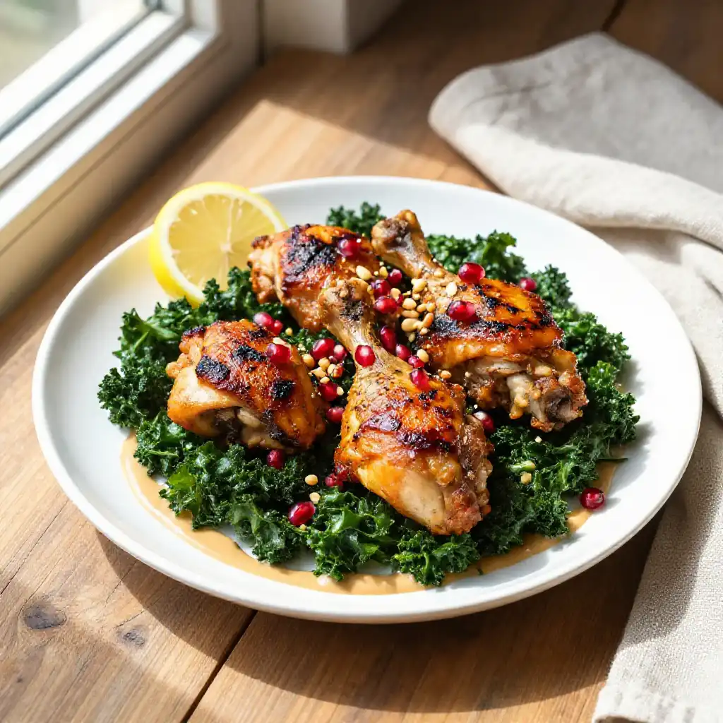 Viral TikTok Middle Eastern Sheet Pan Chicken Thigh and Kale Power Bowl plated dish