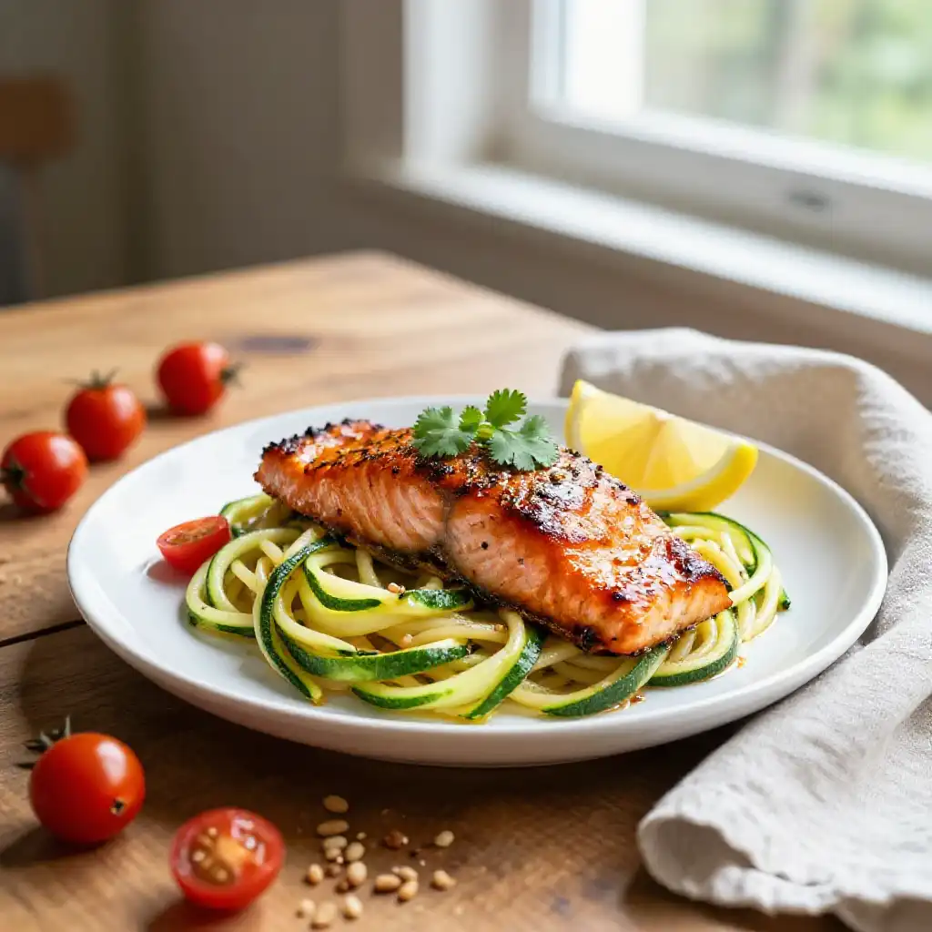 Viral TikTok Moroccan Broiled Salmon Zucchini Pasta plated dish