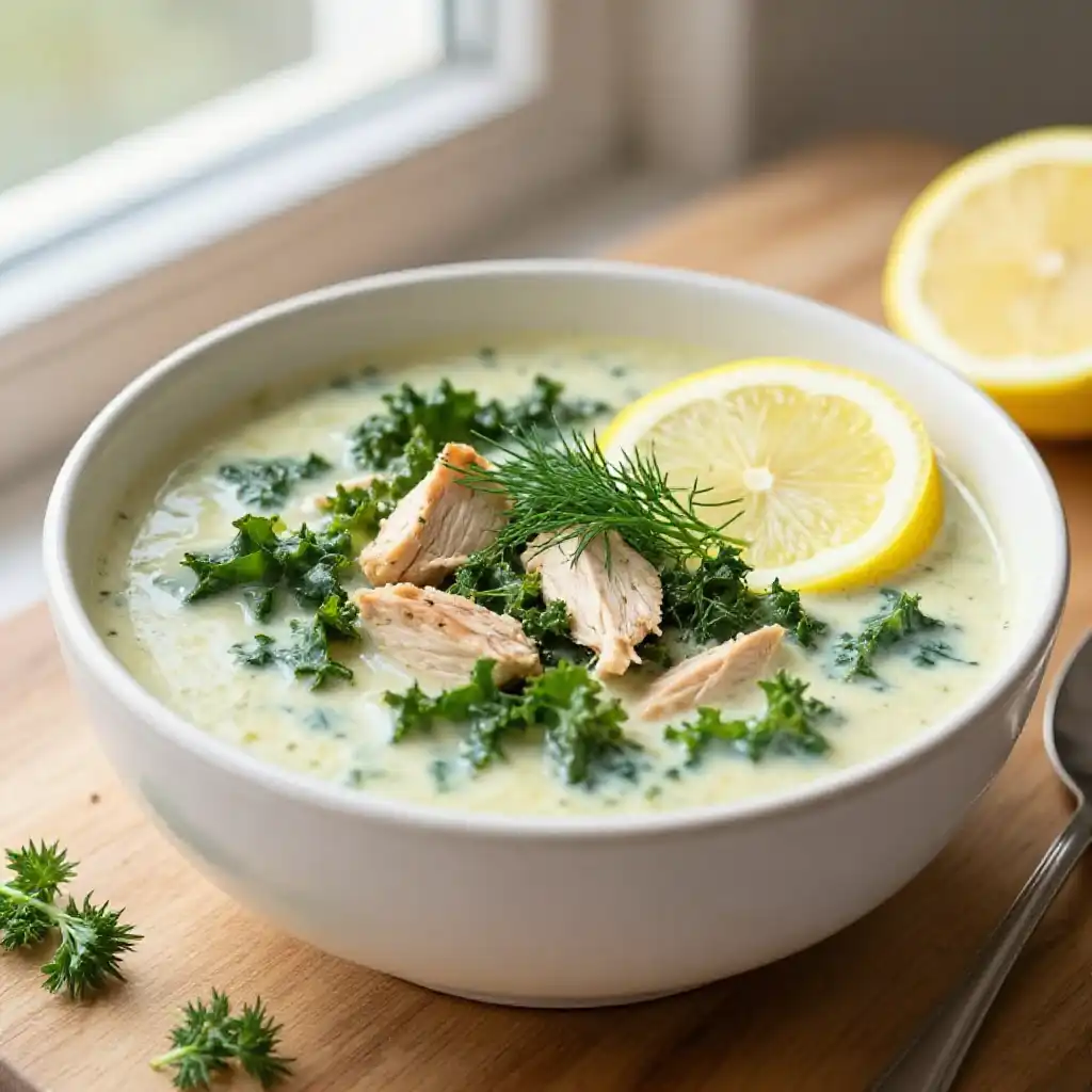 Viral TikTok Creamy Greek Lemon-Herb Chicken & Kale Pressure Cooker Soup plated dish