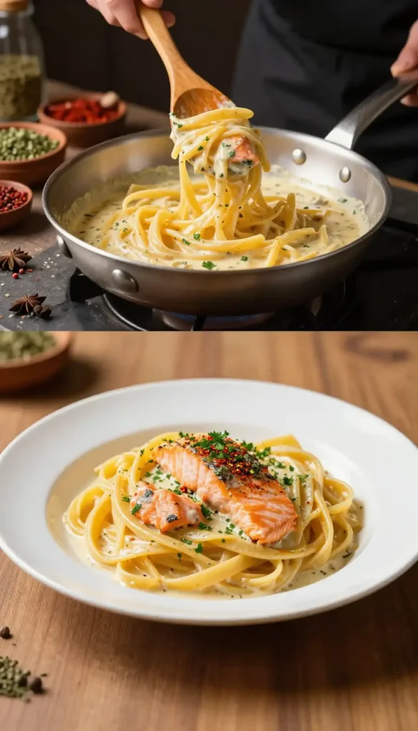 viral tiktok recipe creamy middle eastern baked salmon bell pepper pasta easy healthy meal prep weeknight dinner fusion