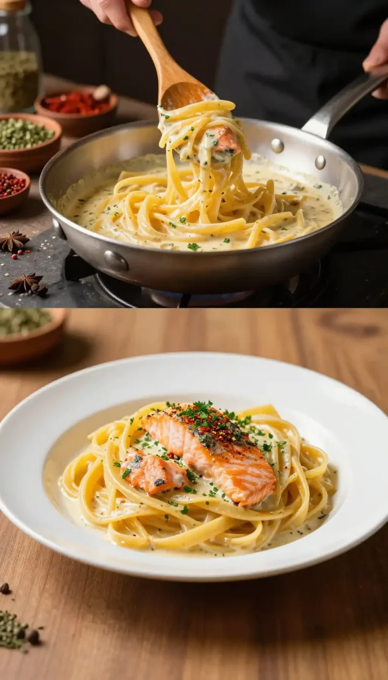 viral tiktok recipe creamy middle eastern baked salmon bell pepper pasta easy healthy meal prep weeknight dinner fusion