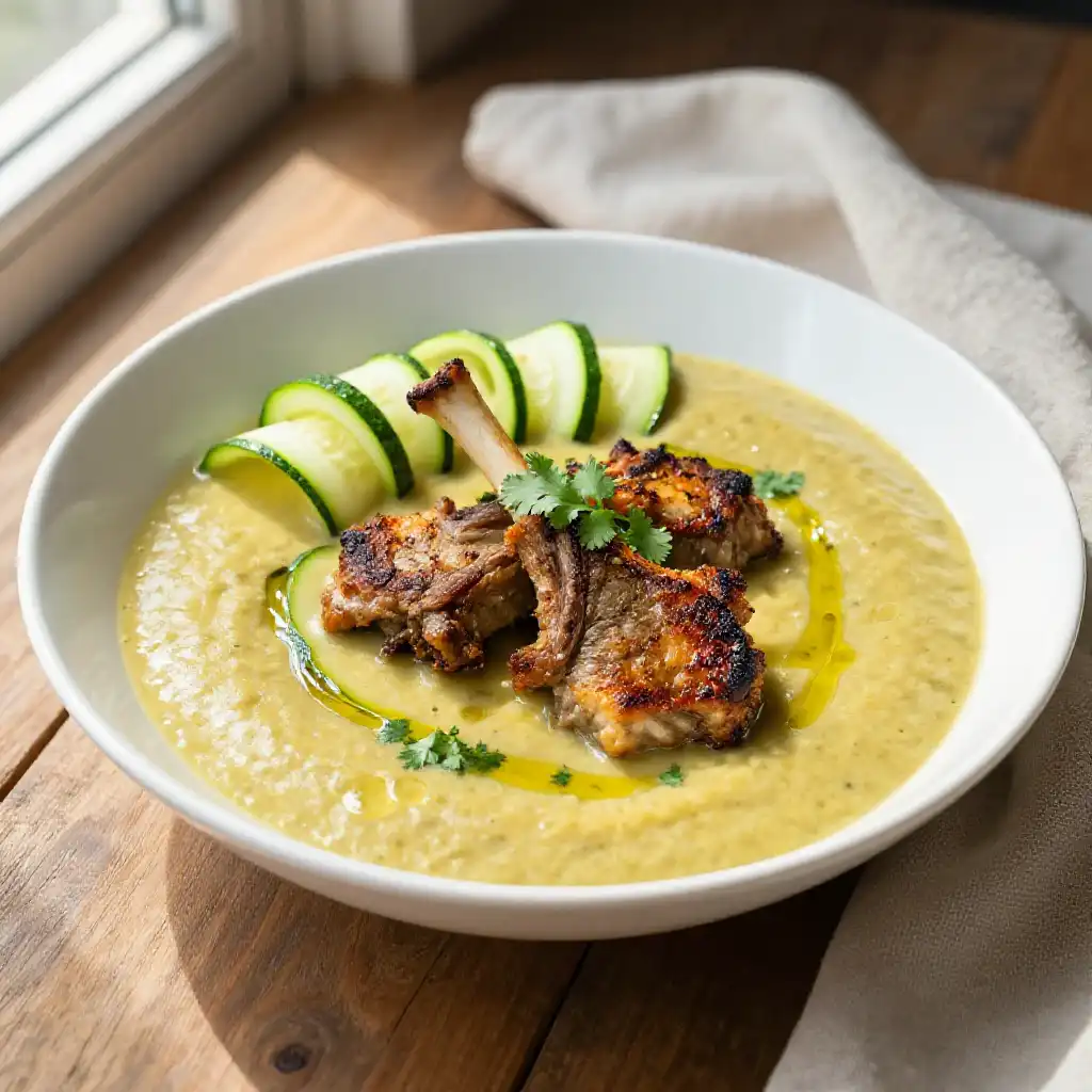 Indian-Spiced Broiled Lamb Chops with Zucchini Soup plated dish