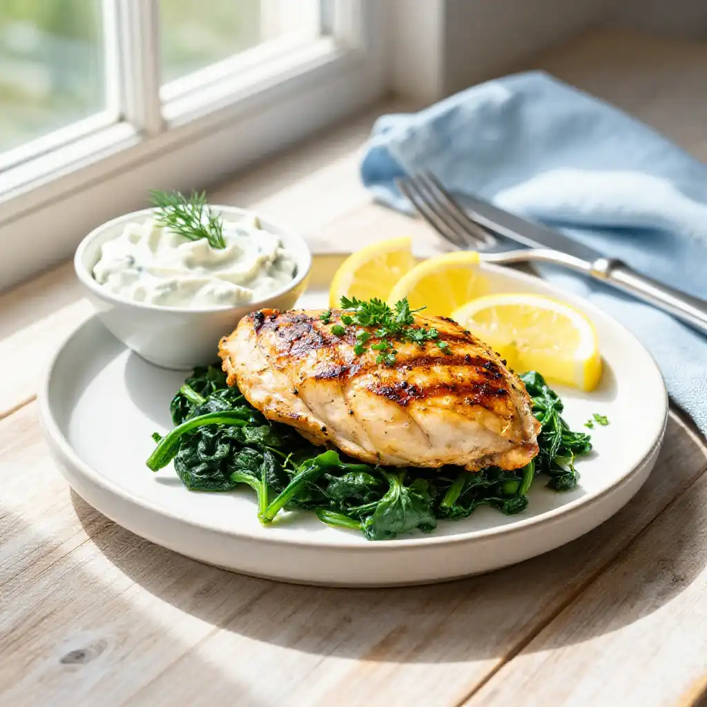 Instant Pot Mediterranean Chicken Breast with Spinach plated dish